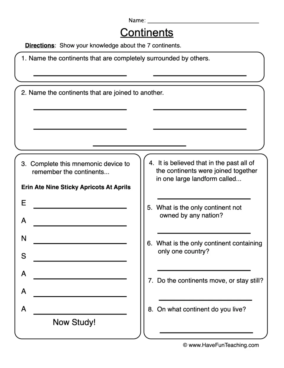 Continents: students answer 8 questions on the 7 continents, like which one no nation owns, and fill in a mnemonic
