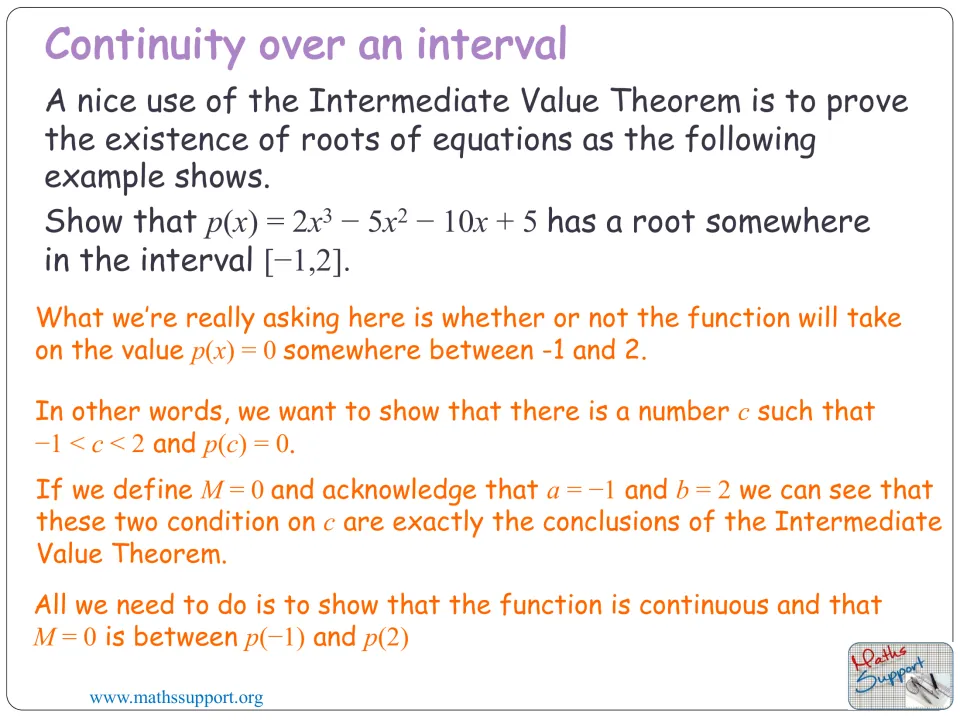 Root-existence example introduces p(x) = 2x³ − 5x² − 10x + 5 and asks for proof of a root in [−1, 2]