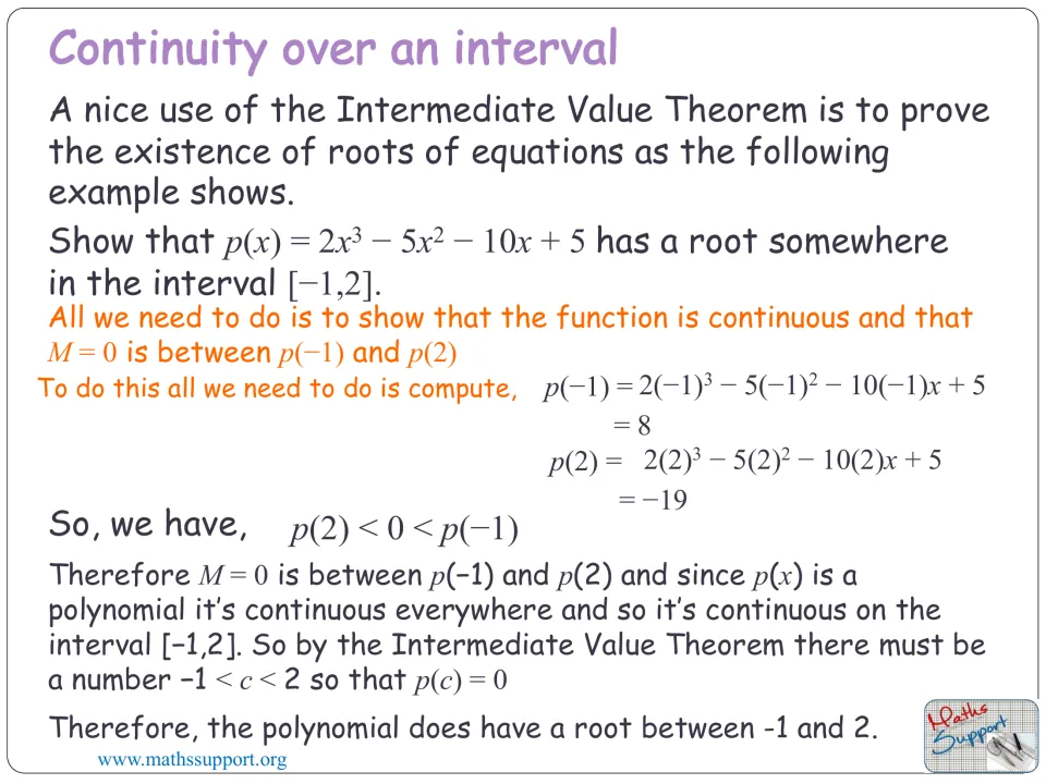 Polynomial root proof uses p(−1) = 8 and p(2) = −19 with continuity to establish a zero between −1 and 2