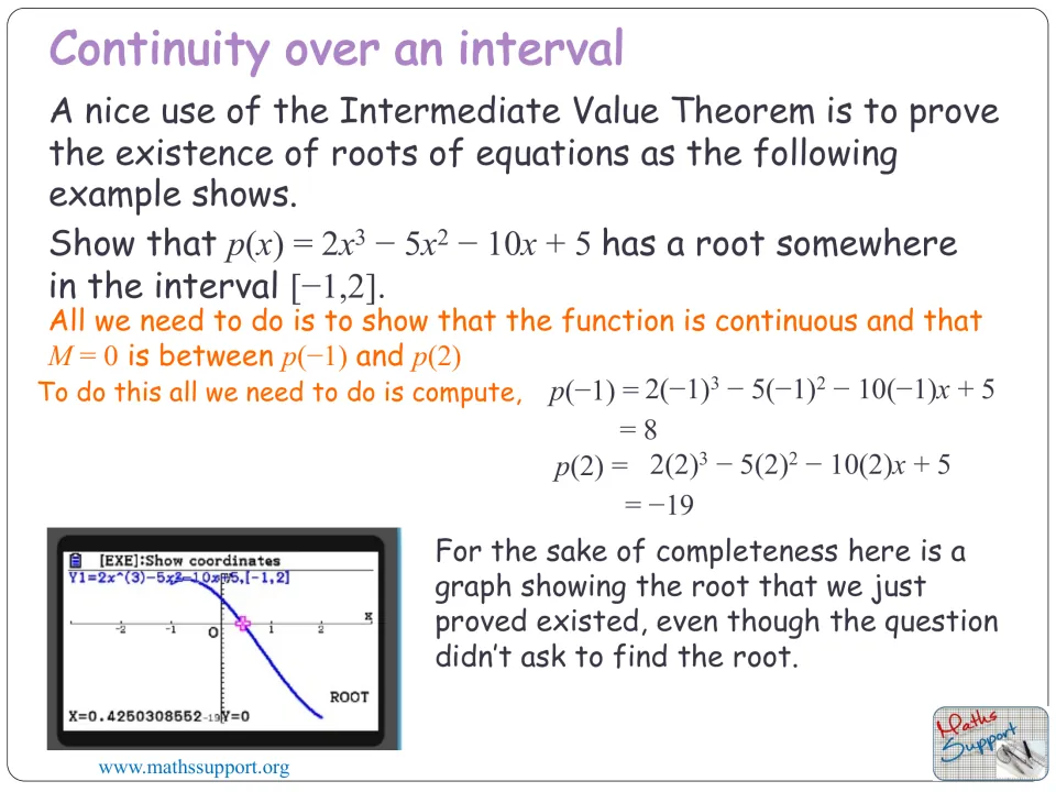 Polynomial root example adds a calculator graph showing a zero near x = 0.425 after the existence proof