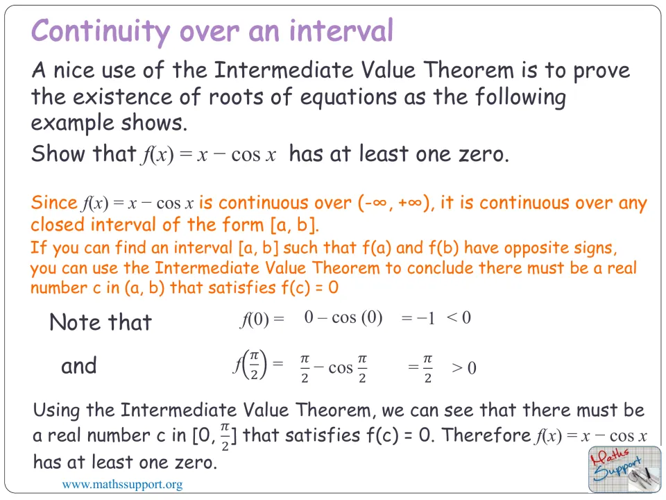 Final supplied lesson slide proves x − cos x has a zero using opposite signs at the endpoints 0 and π/2
