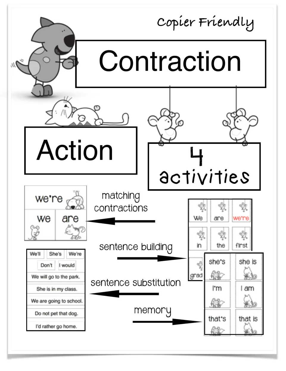 Contraction Action cover: 4 activities for matching contractions, sentence building, sentence substitution and memory