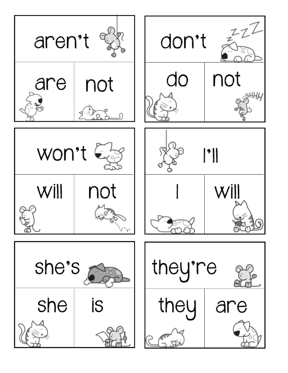 Contraction matching cards: students match aren't, don't, won't, I'll, she's and they're to their two-word forms