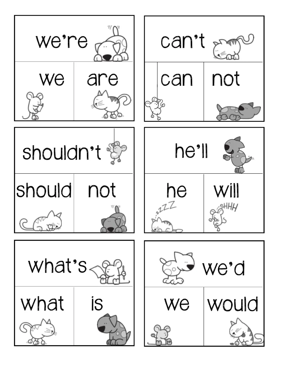 Contraction cards for we're, can't, shouldn't, he'll, what's and we'd, each paired with its two-word form