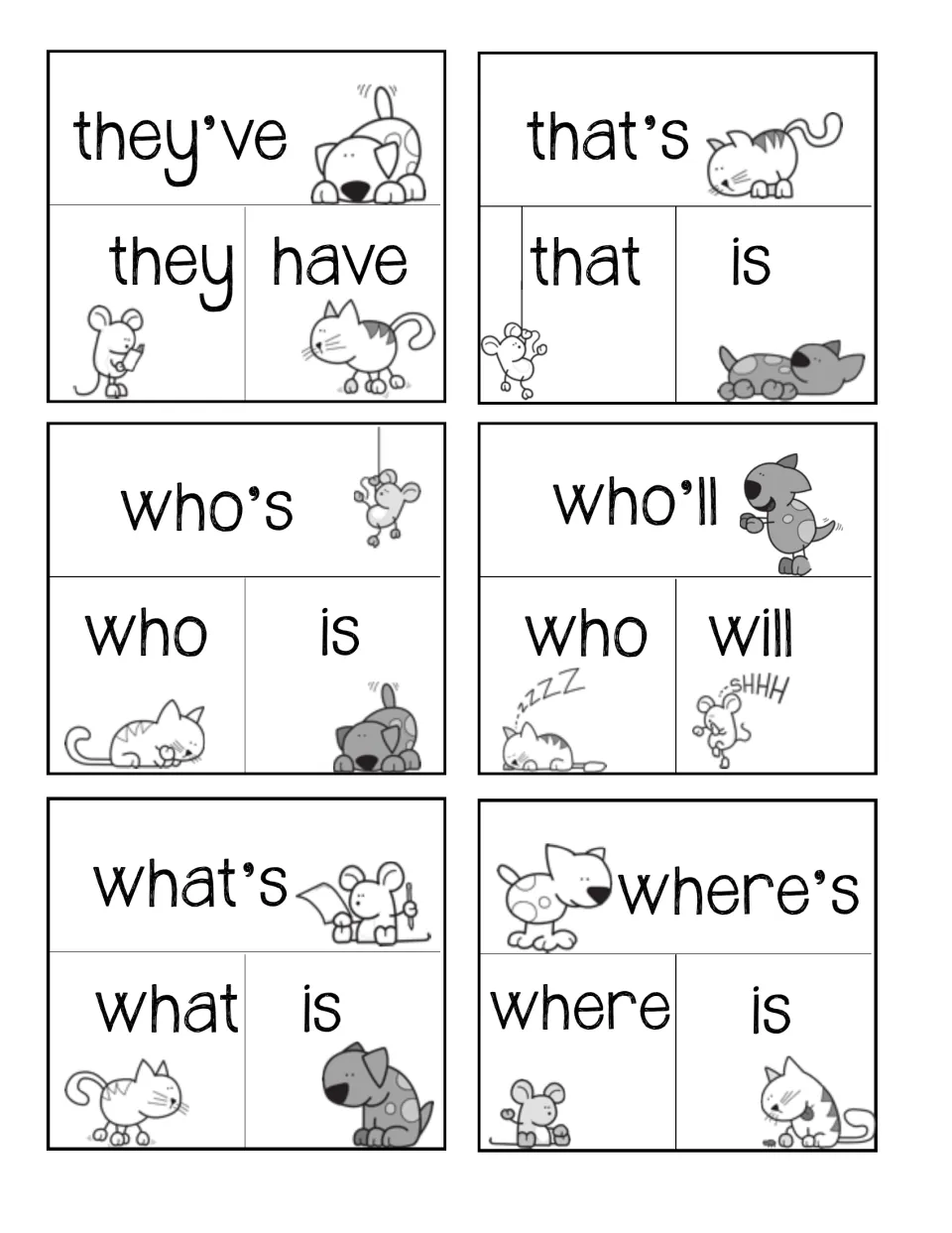 Contraction cards: they've, that's, who's, who'll, what's and where's to match with word pairs like who is
