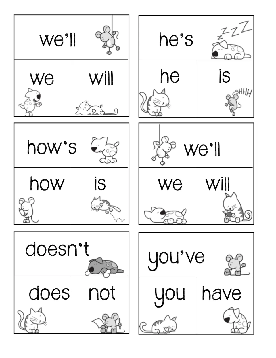 Contraction cards for we'll, he's, how's, doesn't and you've, each to be matched with its word pair, like does not