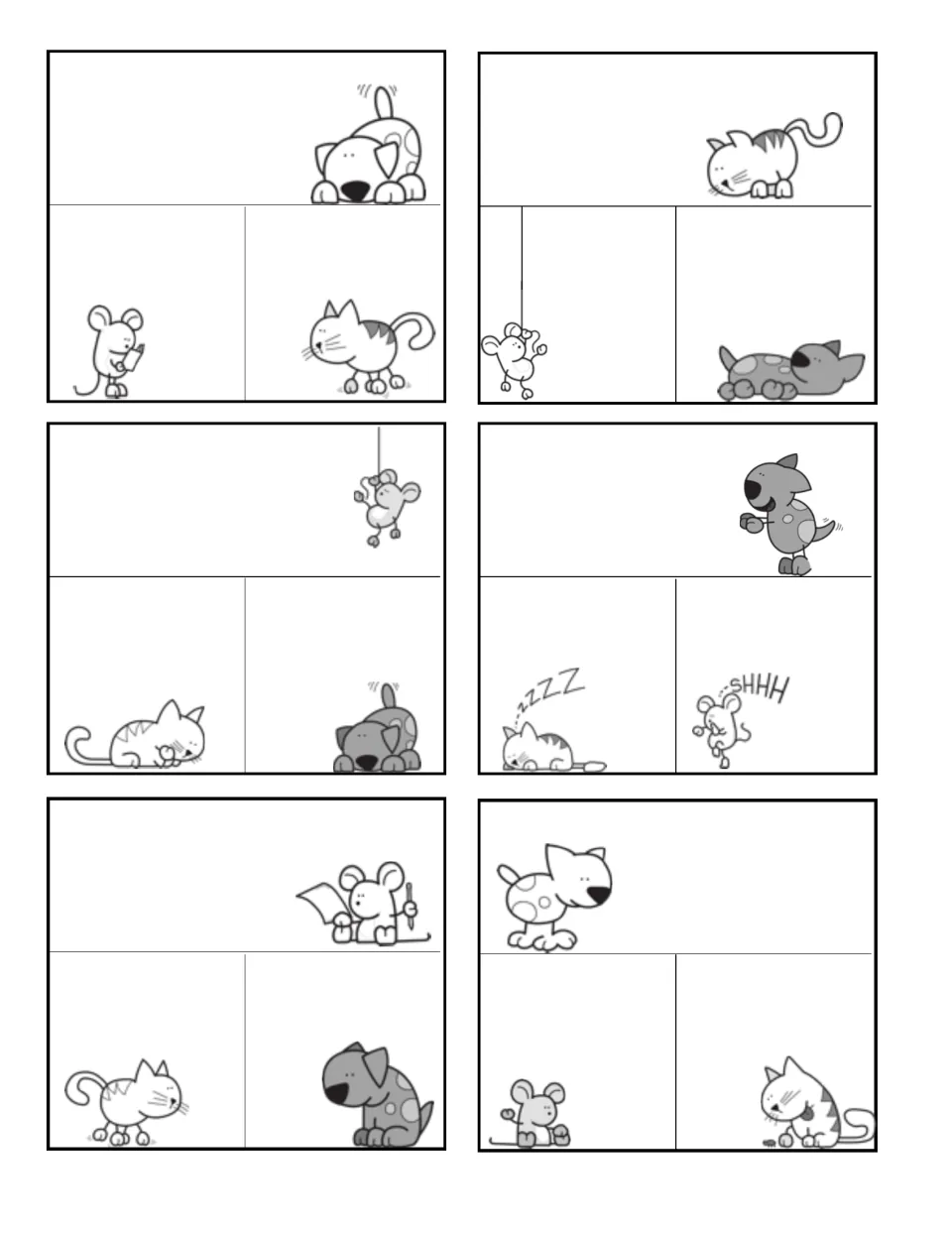 Blank contraction cards: the same cat, dog and mouse cards with no words printed, ready for contractions to be written in