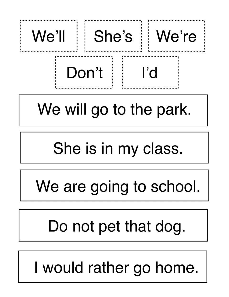 Sentence substitution: replace words in sentences like We will go to the park with We'll, She's, We're, Don't or I'd