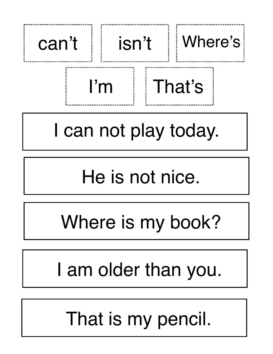Sentence substitution set two: swap can't, isn't, Where's, I'm or That's into sentences such as I can not play today