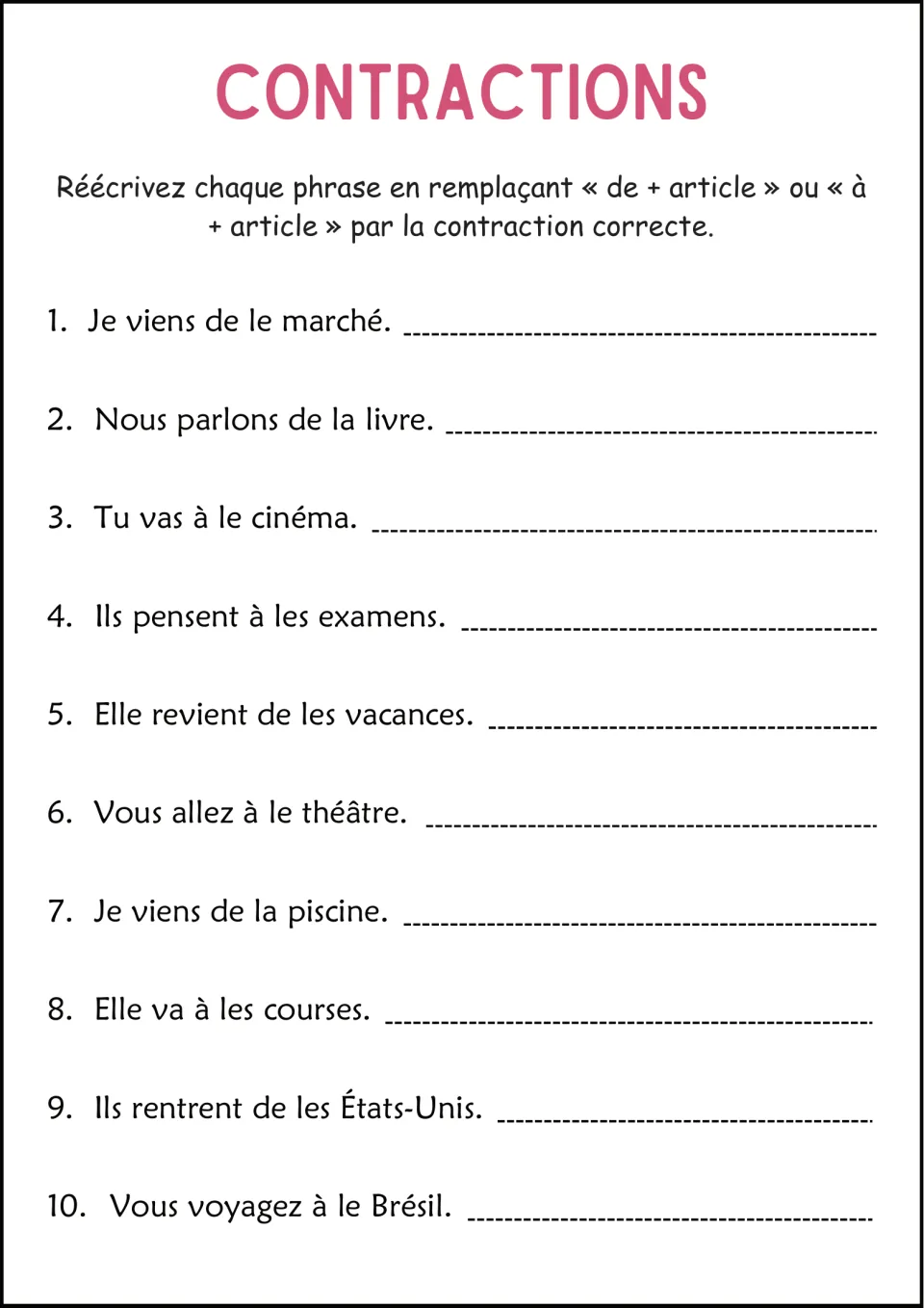 Rewriting sentences: students replace de + article or à + article with the joined form in 10 items like Tu vas à le cinéma