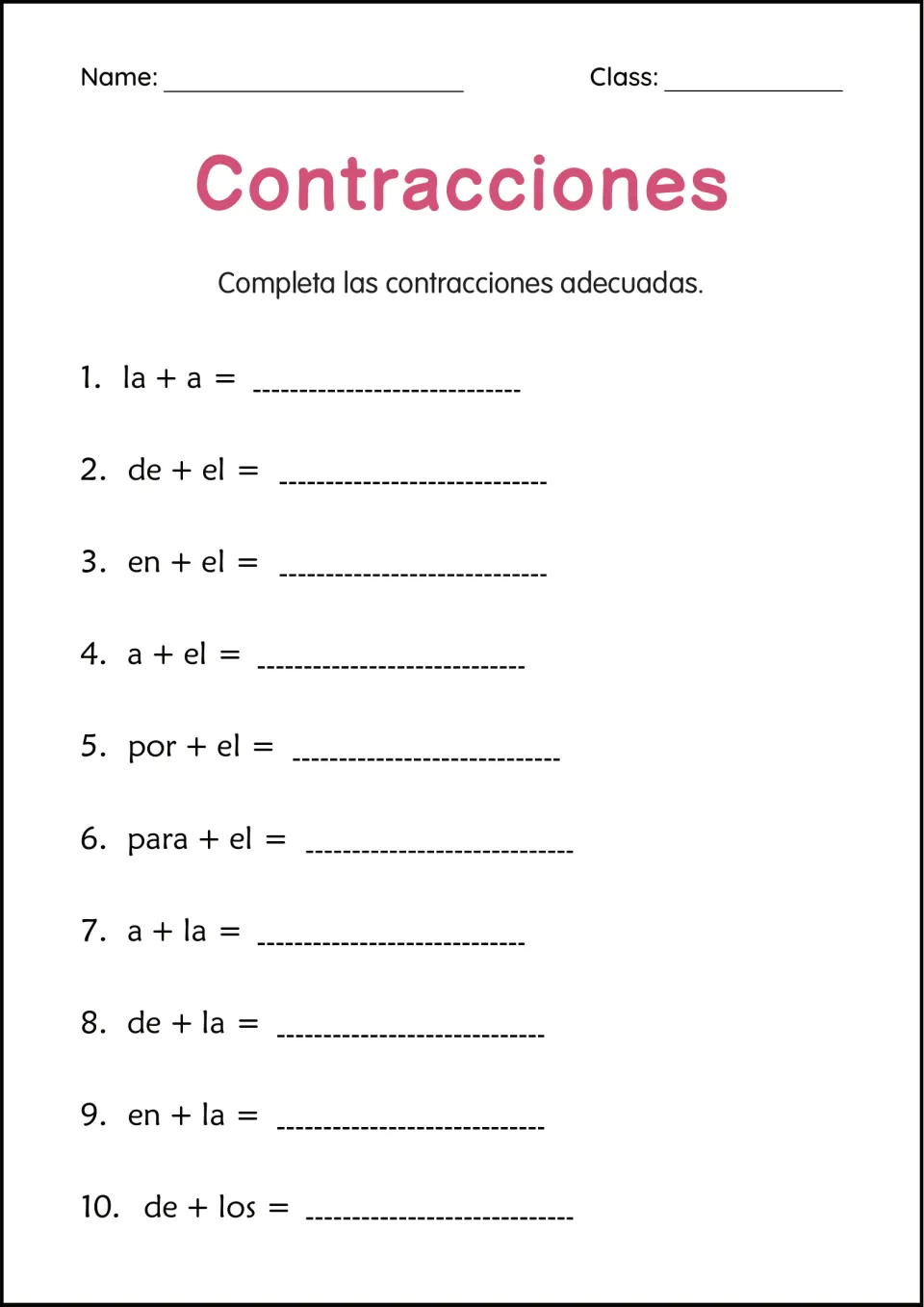 Spanish contractions: students complete 10 word pairs such as de + el, a + el and en + la to form the combined word