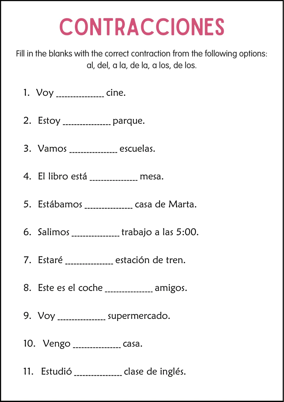 Choosing al, del, a la, de la, a los or de los: students complete 11 Spanish sentences like Estoy ___ parque