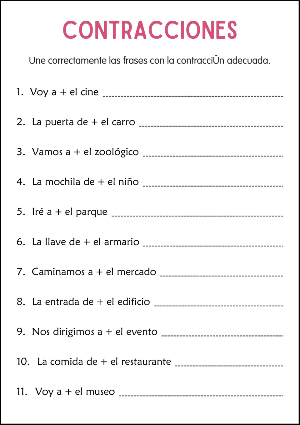Joining a + el and de + el: students write 11 phrases such as La puerta de + el carro using the proper contraction