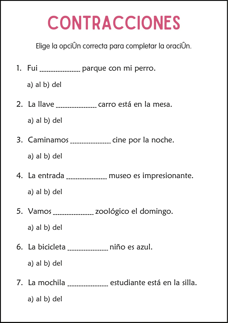 Al or del multiple choice: students choose a) al or b) del to complete 7 Spanish sentences like Fui ___ parque