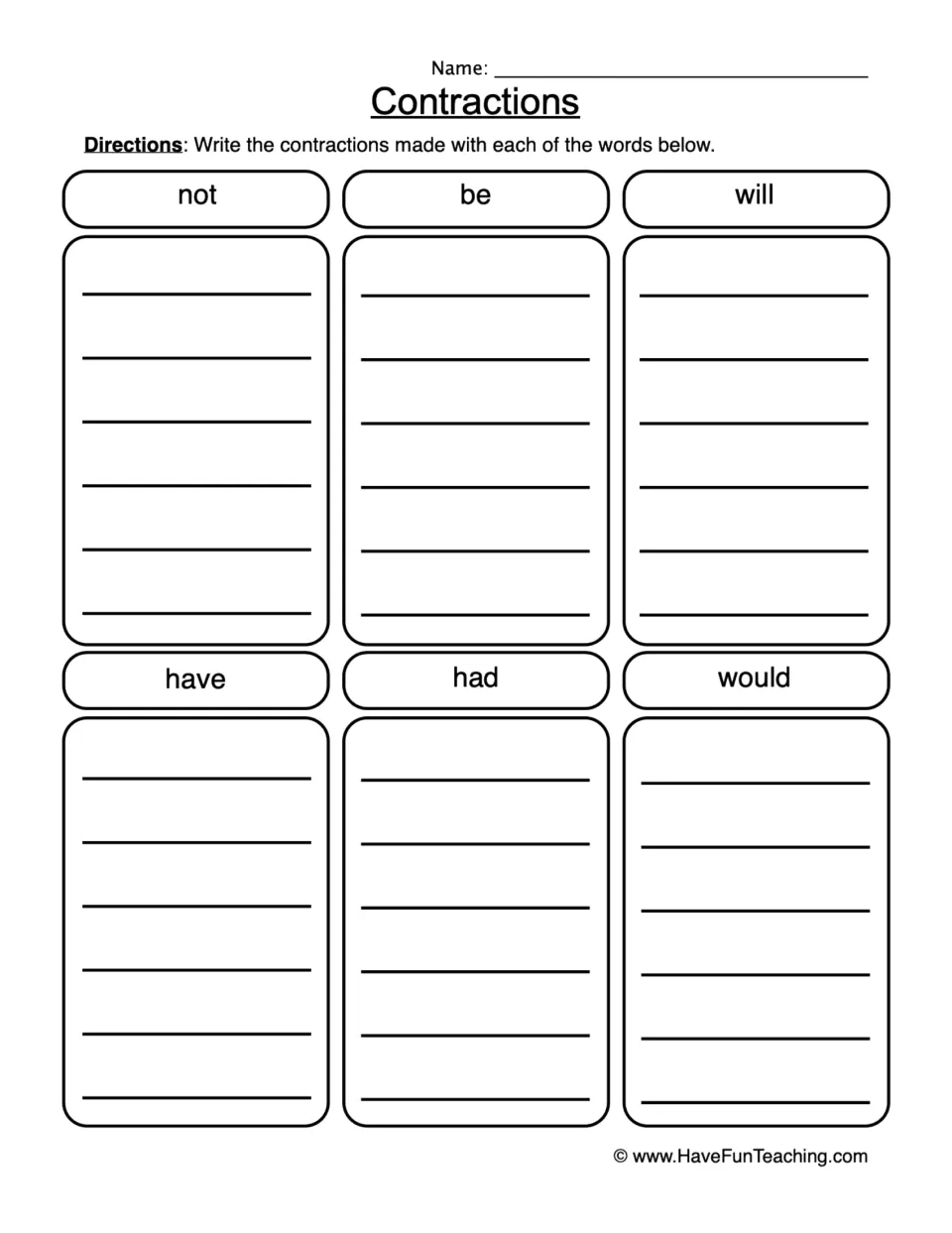 Contraction practice page asking students to write six contractions each for not, be, will, have, had, and would.