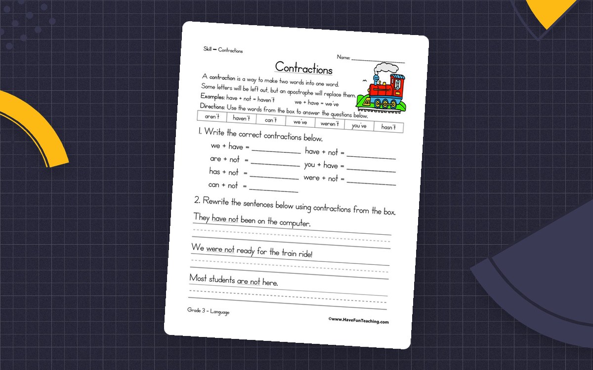 Contractions worksheet with a train illustration, word-pair blanks, and sentence rewrites