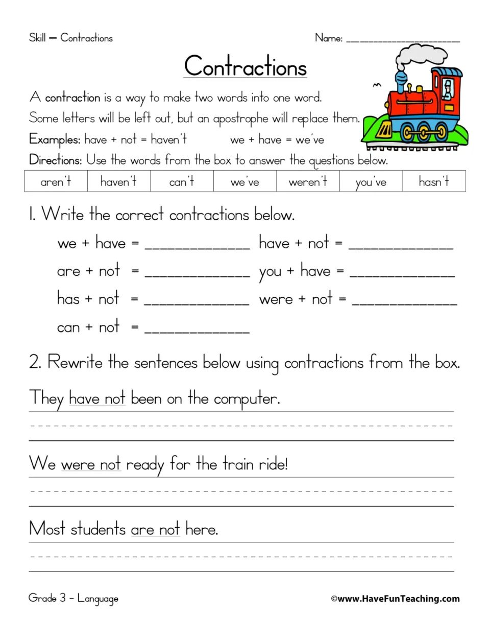Contractions: students write 7 contractions from a word bank, then rewrite 3 sentences replacing words like have not