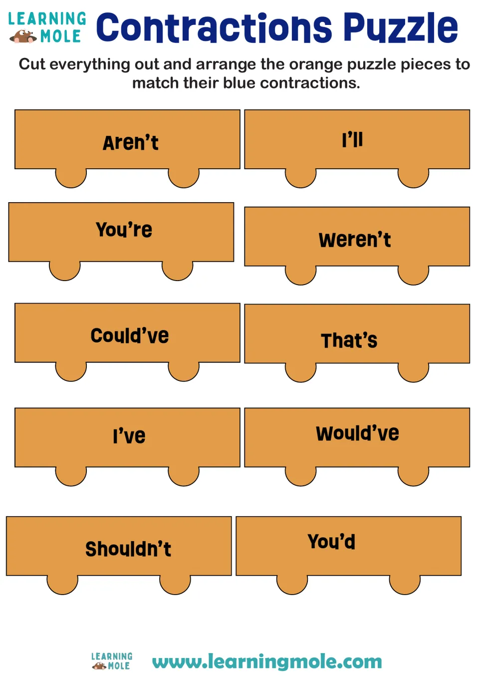 Contractions puzzle: students cut out 10 orange contraction pieces, such as aren't, I'll and could've, to join word pairs