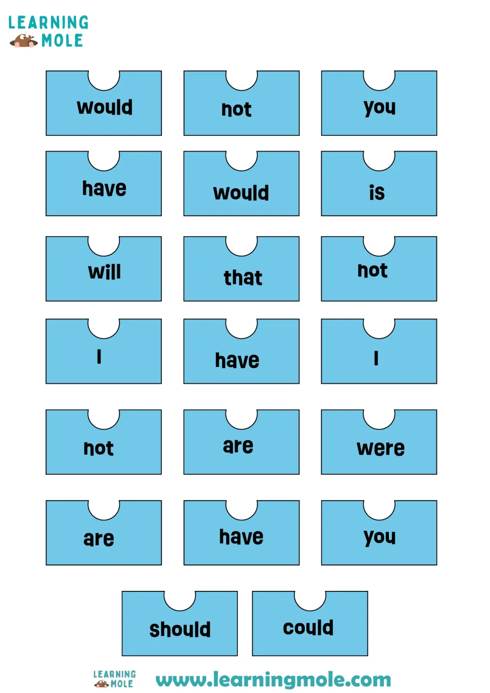 Contraction puzzle cut-out pieces: 20 blue tiles such as would, not, have and are that pair up to form each contraction