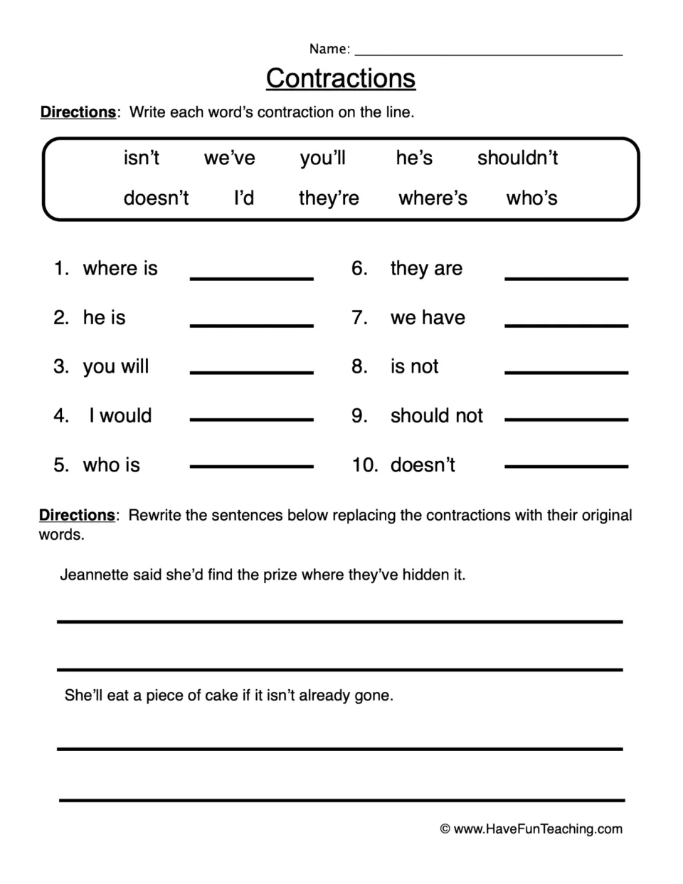 Contractions: students match 10 word pairs to a word bank of contractions, then rewrite two sentences without them