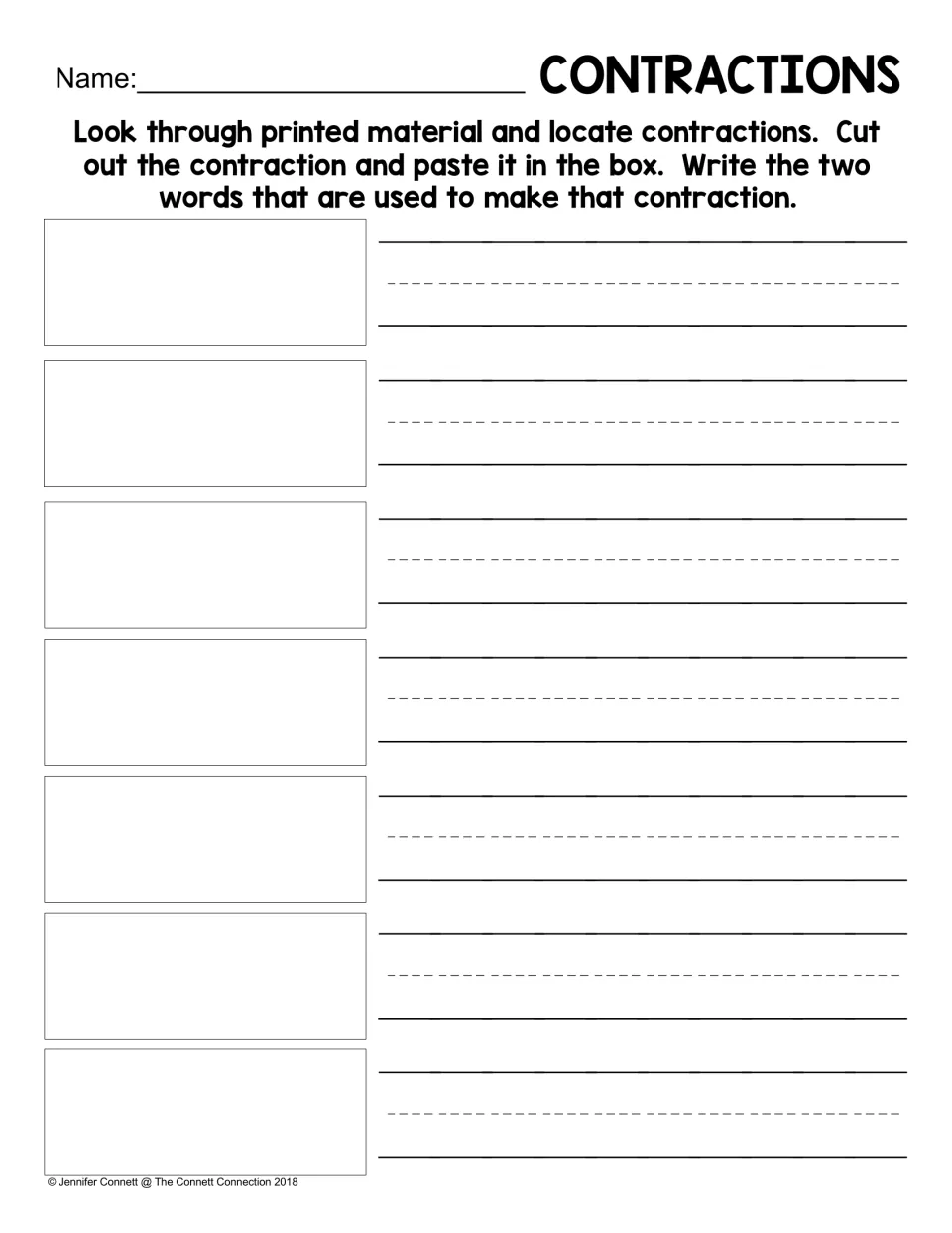 Contractions recording worksheet: find and paste seven contractions, then write the two words that form each