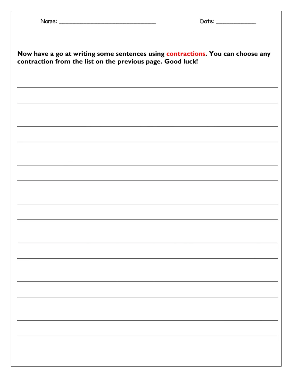 Writing contractions in sentences: students pick any contraction from the previous page's list and use it in sentences
