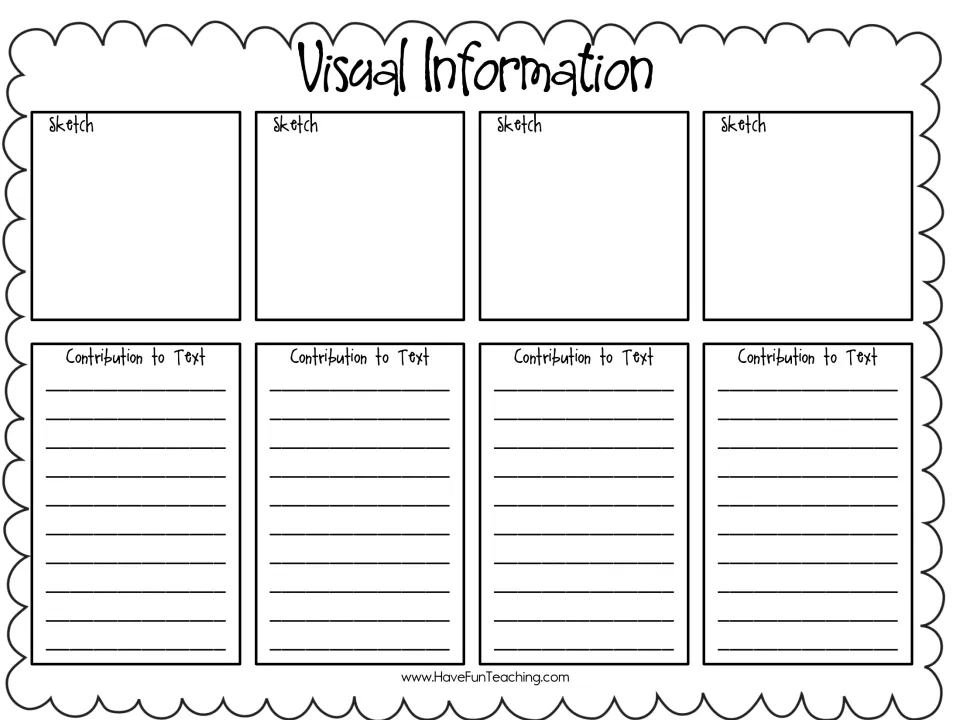 Visual Information organizer: students sketch four visuals from a text and write how each one contributes to the text