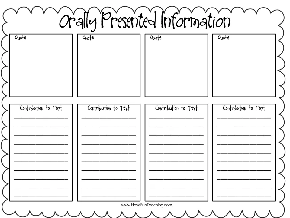 Orally Presented Information: students record four quotes heard aloud and explain how each quote contributes to the text
