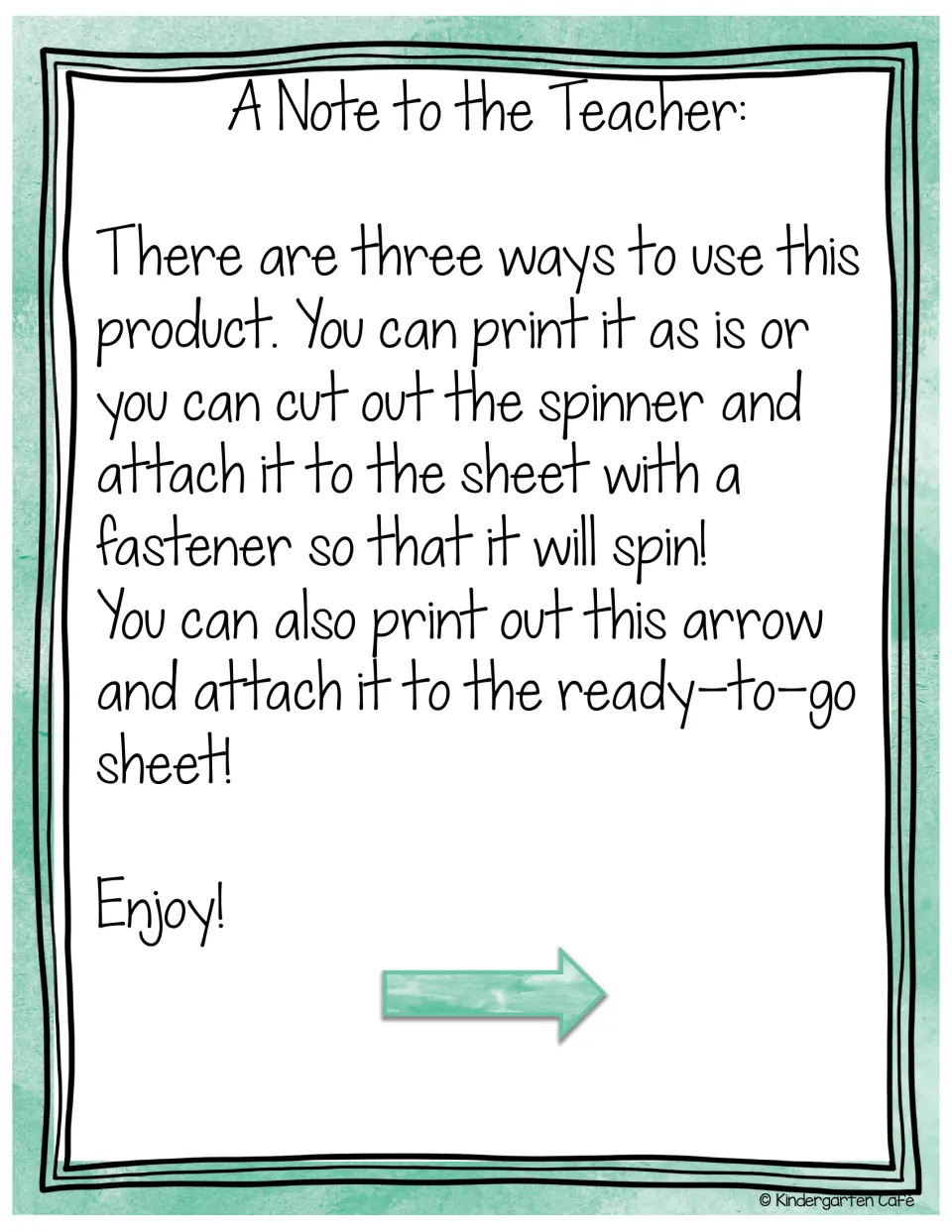 Teacher instructions for printing the chart, attaching the cut-out spinner, or adding the included arrow