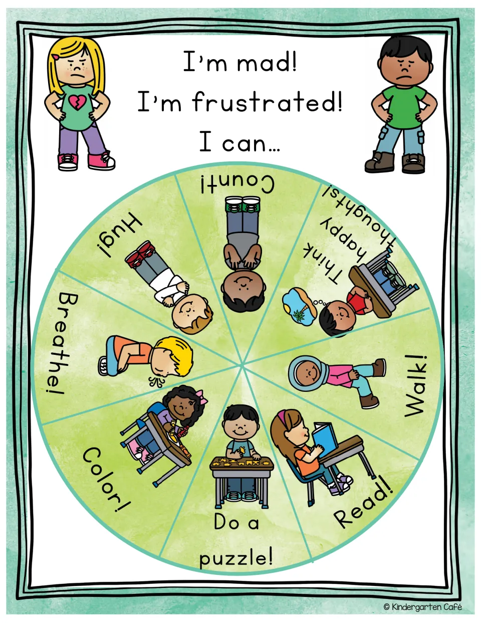 Ready-to-use spinner chart headed “I’m mad! I’m frustrated! I can...” with eight choices, including breathe