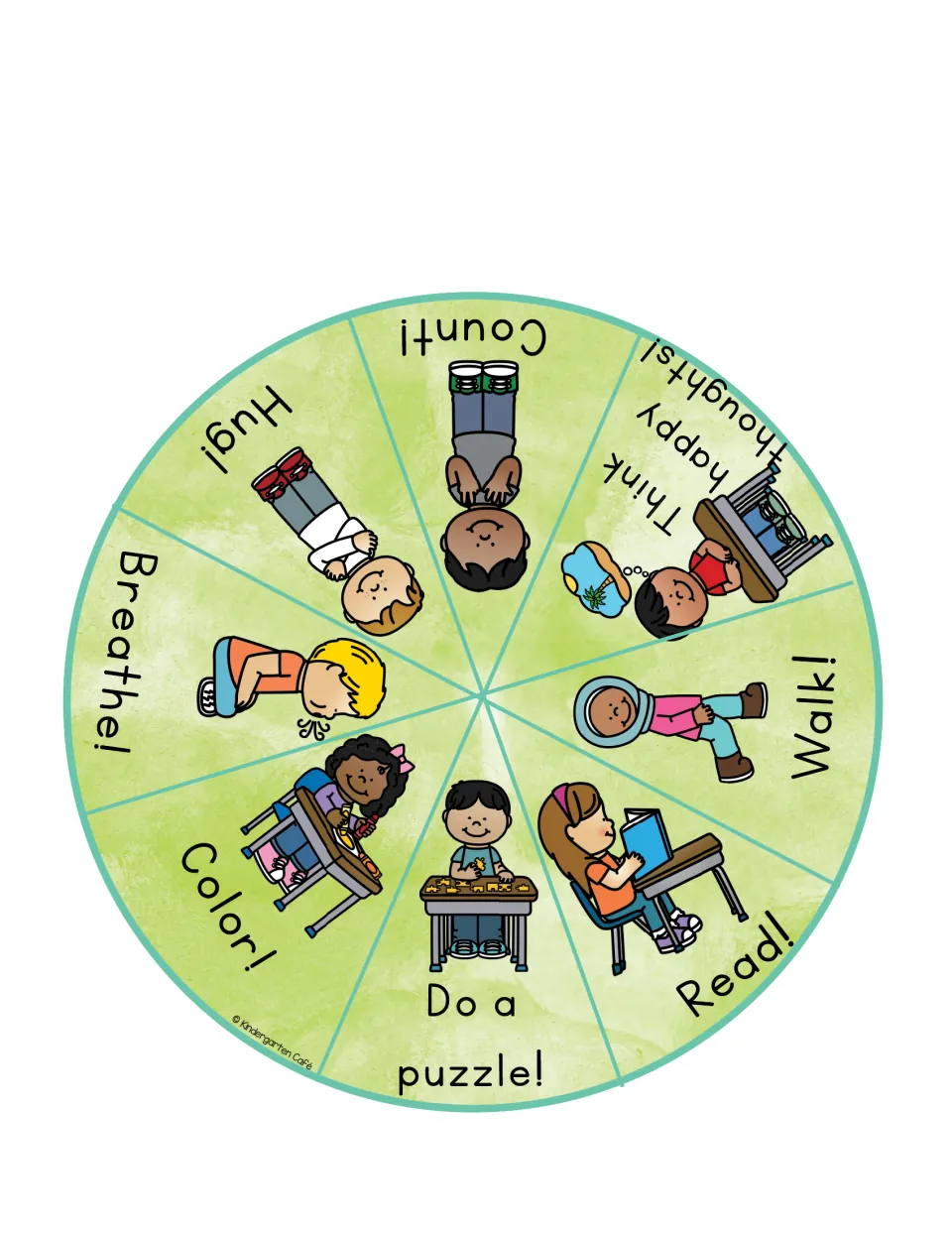 Cut-out spinner with eight choices: count, think happy thoughts, walk, read, do a puzzle, color, breathe, hug