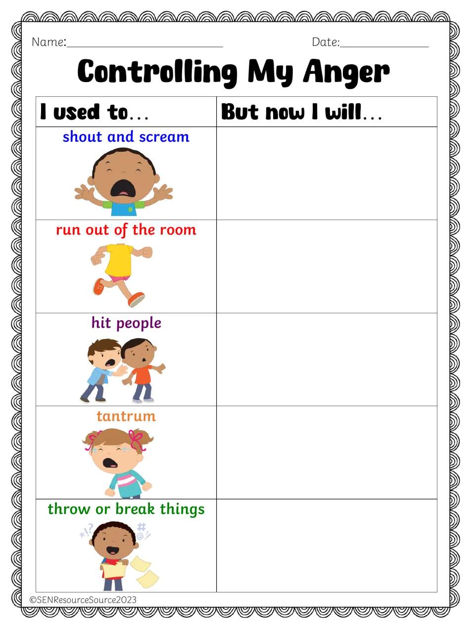 Controlling My Anger: students write a calmer choice beside shouting, running off, hitting, tantrums and throwing things