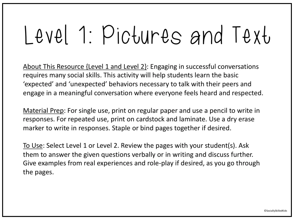 Level 1 teacher directions: activity overview, print-or-laminate prep, and steps for reviewing pages and role-playing