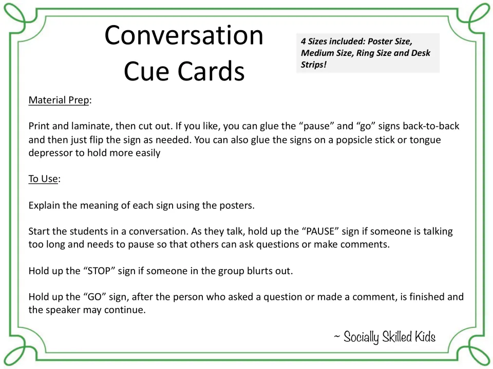 Directions for preparing and using conversation cues: PAUSE for responses, STOP for blurting, GO to resume.