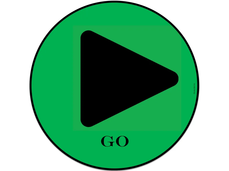 GO conversation cue poster: a green sign with a play symbol, used when the speaker can continue talking.