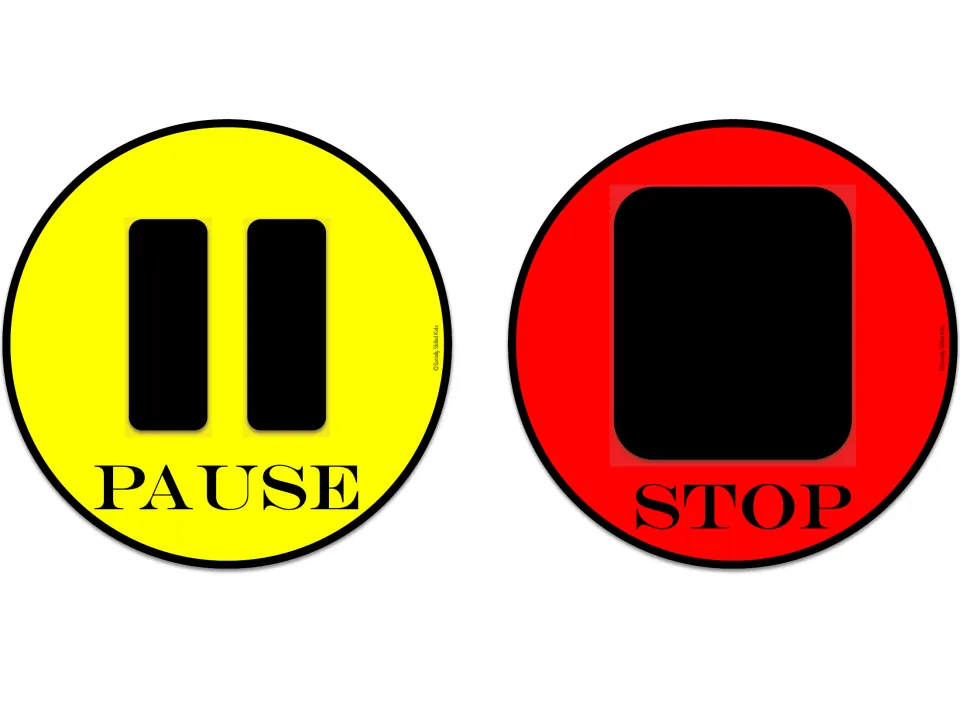 Two medium conversation cue signs: yellow PAUSE with a pause symbol and red STOP with a stop symbol.