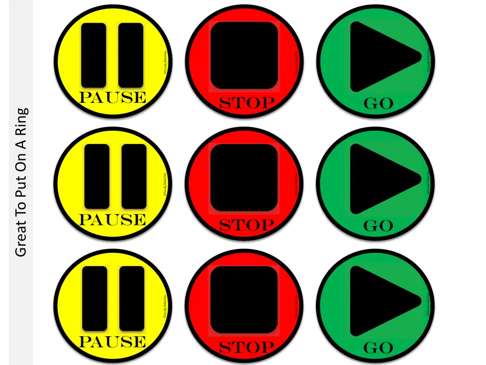Nine ring-size conversation cue cards: three yellow PAUSE, three red STOP, and three green GO signs.