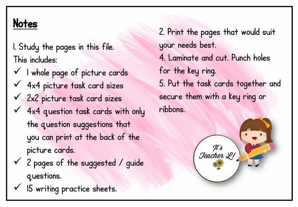 Preparation notes list picture card formats, question cards, guide questions, and 15 writing practice sheets