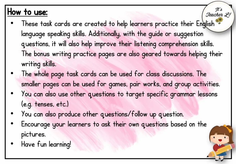 Teaching directions explain using picture cards for class discussions, games, pair work, and group activities