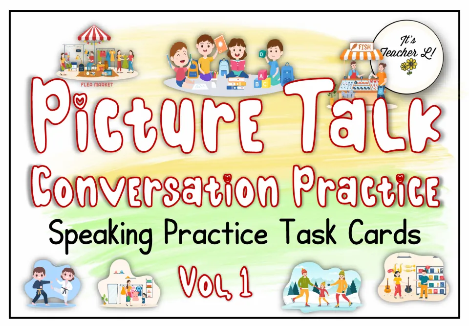 Repeated Volume 1 cover introduces the speaking practice task cards before the numbered picture scenes