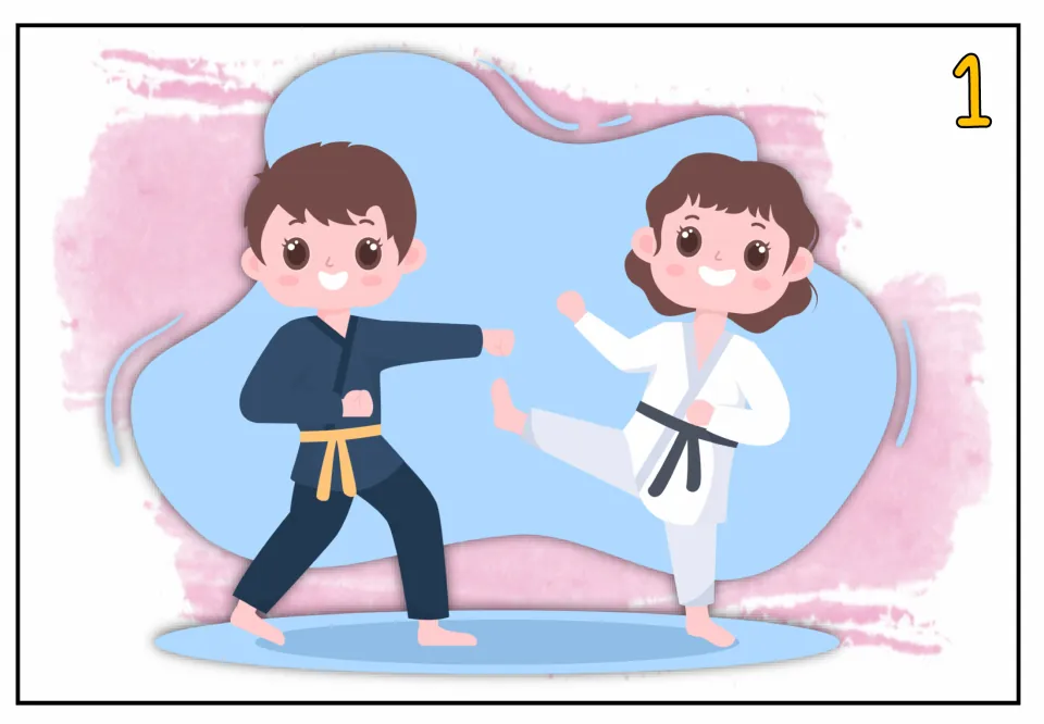 Speaking practice picture card 1 shows two children practicing martial arts, one punching and one kicking