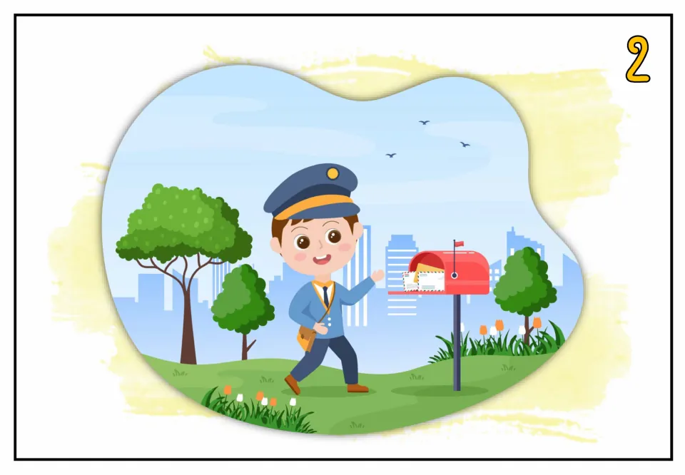 Speaking practice picture card 2 shows a mail carrier beside a red mailbox holding letters outdoors
