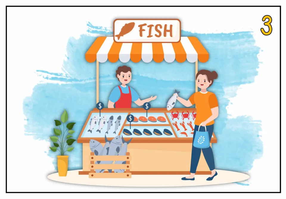 Speaking practice picture card 3 shows a customer holding a fish at a seafood stall while a vendor gestures