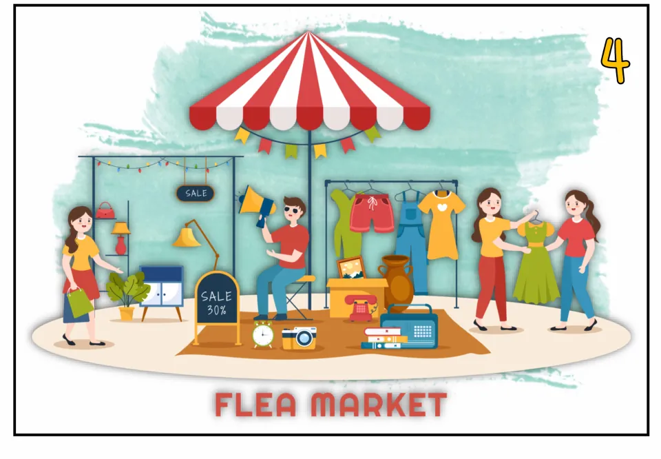 Speaking practice picture card 4 shows a flea market selling clothes and household goods, with a 30% sale sign