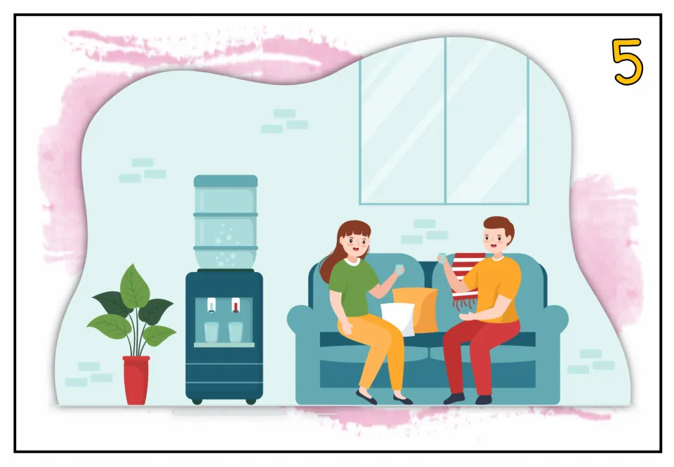 Speaking practice picture card 5 shows two people sitting on a couch holding cups beside a water cooler