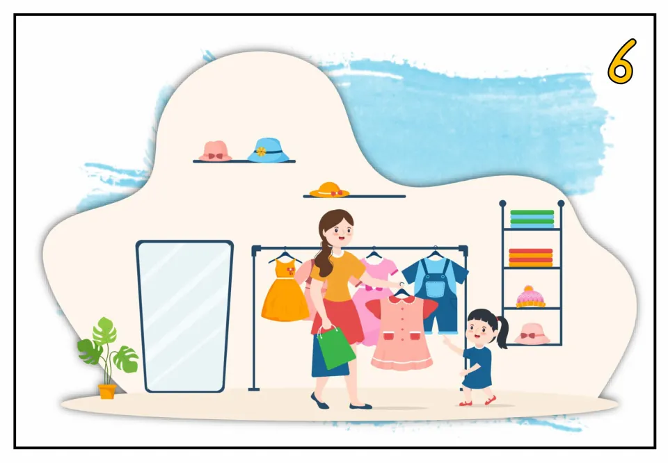 Speaking practice picture card 6 shows a woman holding a pink dress beside a child in a clothing store