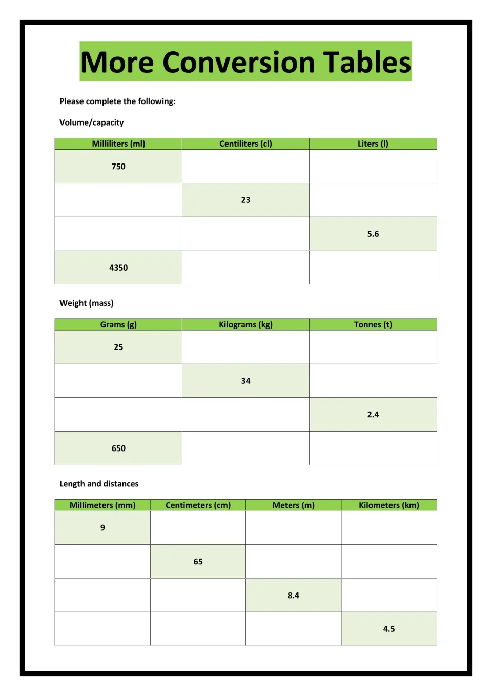 More Conversion Tables: students complete capacity, mass and length from given values such as 750 ml, 34 kg and 8.4 m