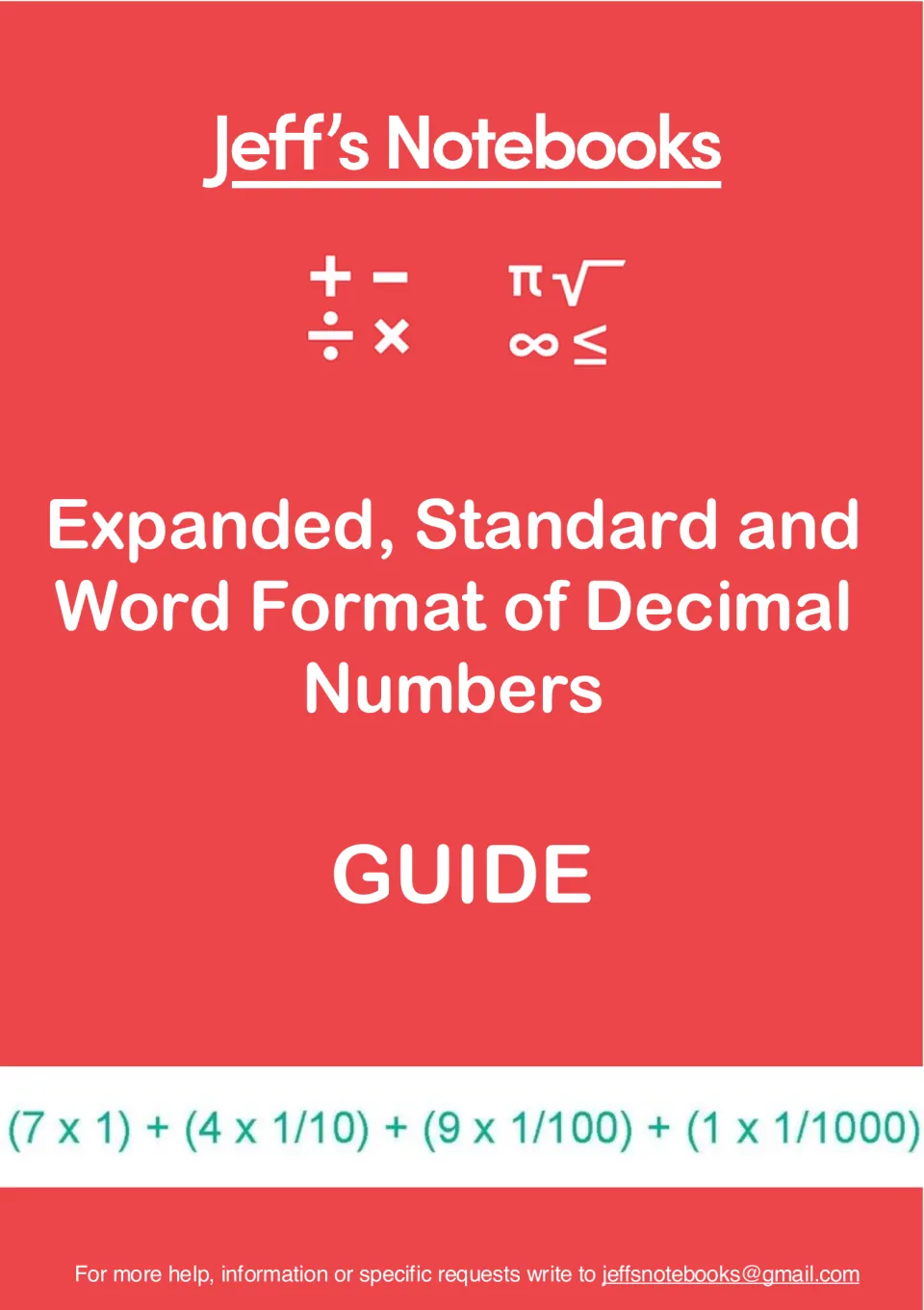 Cover of Jeff's Notebooks guide to expanded, standard and word format of decimal numbers, with a sample expanded form