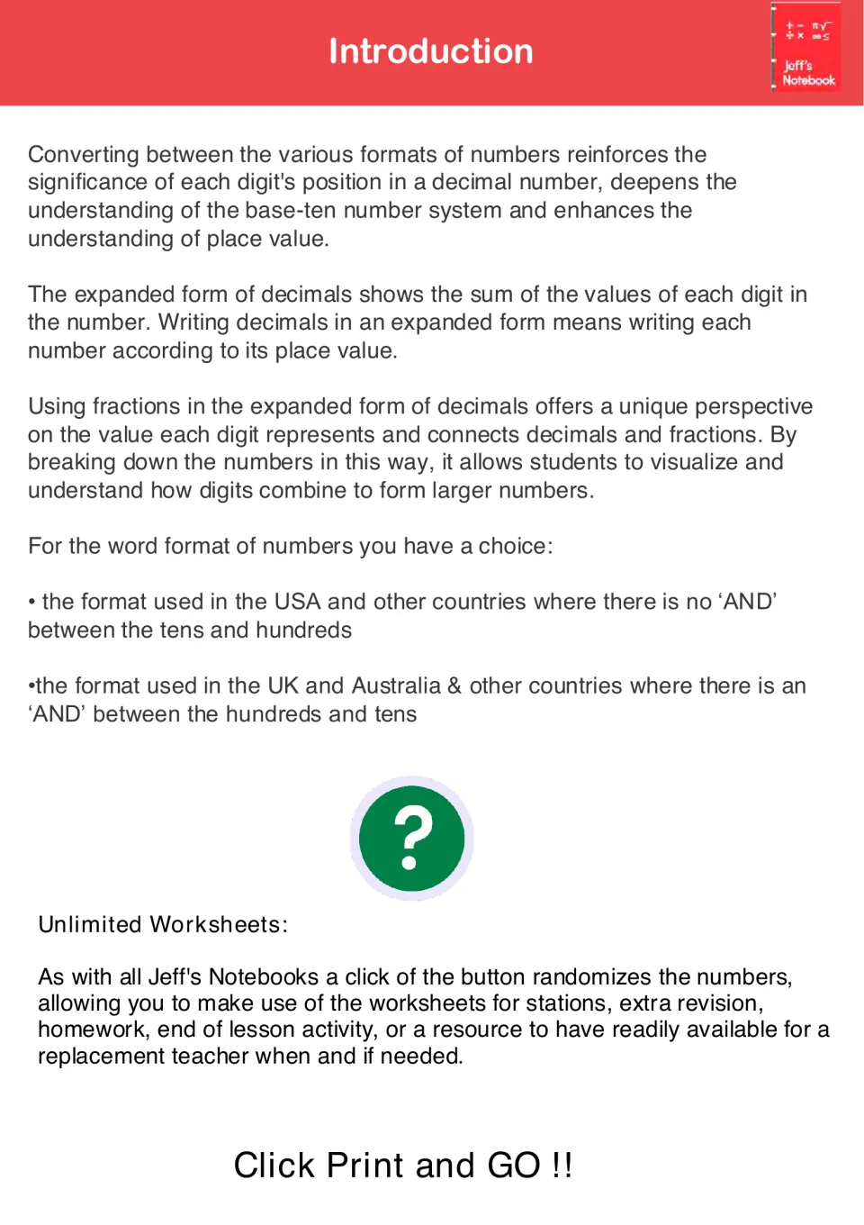 Introduction to expanded decimal form with fractions, place value, and US versus UK-Australia word formats using 'and'