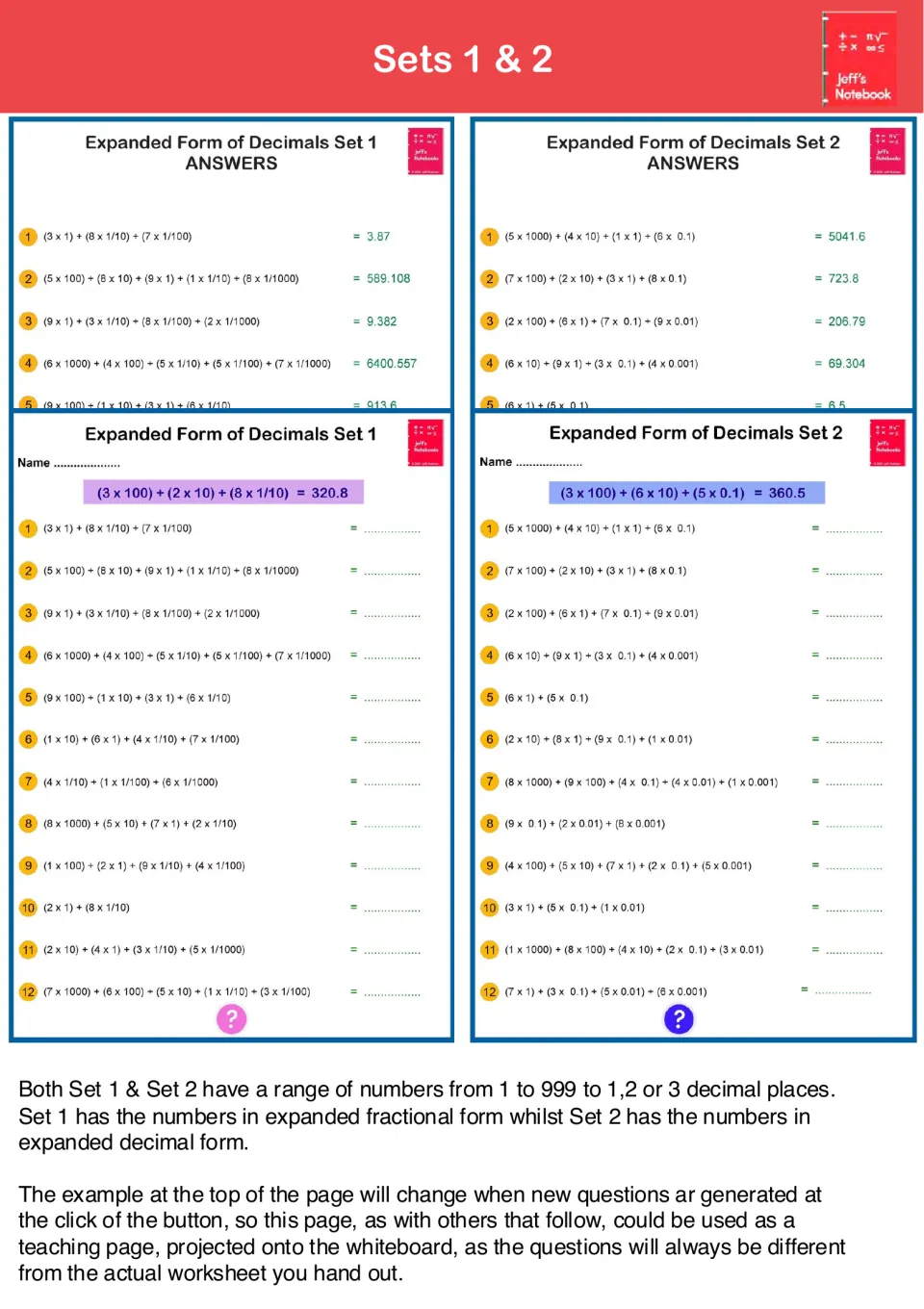 Sets 1 and 2 sample sheets: students write expanded fraction and decimal forms like (3 x 100) + (2 x 10) as standard form